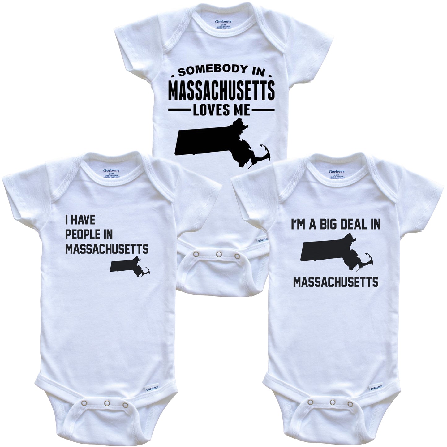 Somebody in Massachusetts Loves Me Baby Bodysuit Bundle (3 Piece Gift Set)