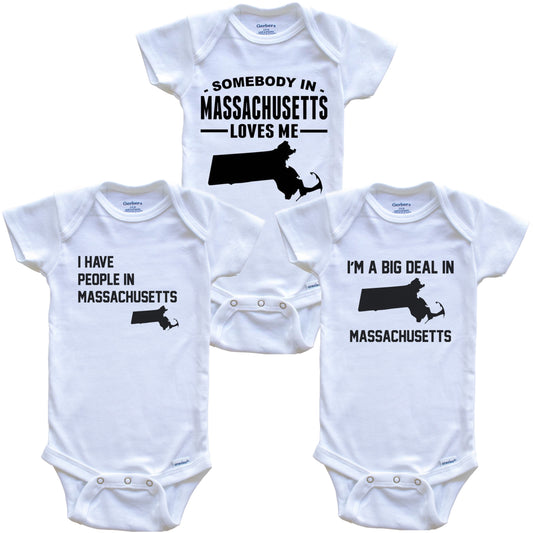 Somebody in Massachusetts Loves Me Baby Bodysuit Bundle (3 Piece Gift Set)