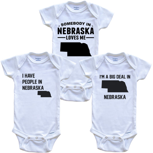 Somebody in Nebraska Loves Me Baby Bodysuit Bundle (3 Piece Gift Set)