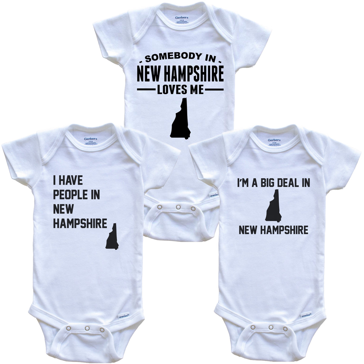 Somebody in New Hampshire Loves Me Baby Bodysuit Bundle (3 Piece Gift Set)