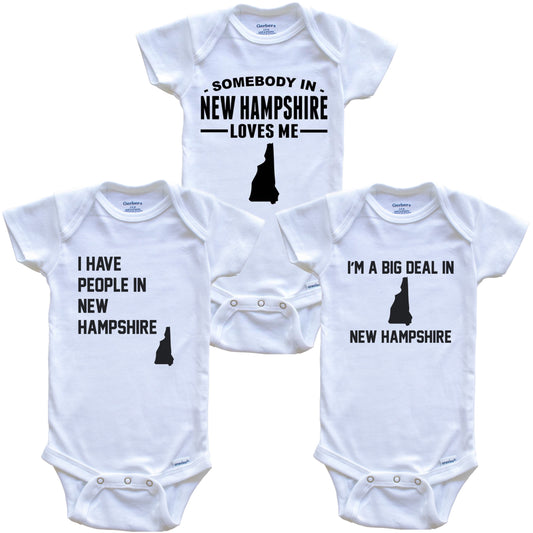 Somebody in New Hampshire Loves Me Baby Bodysuit Bundle (3 Piece Gift Set)