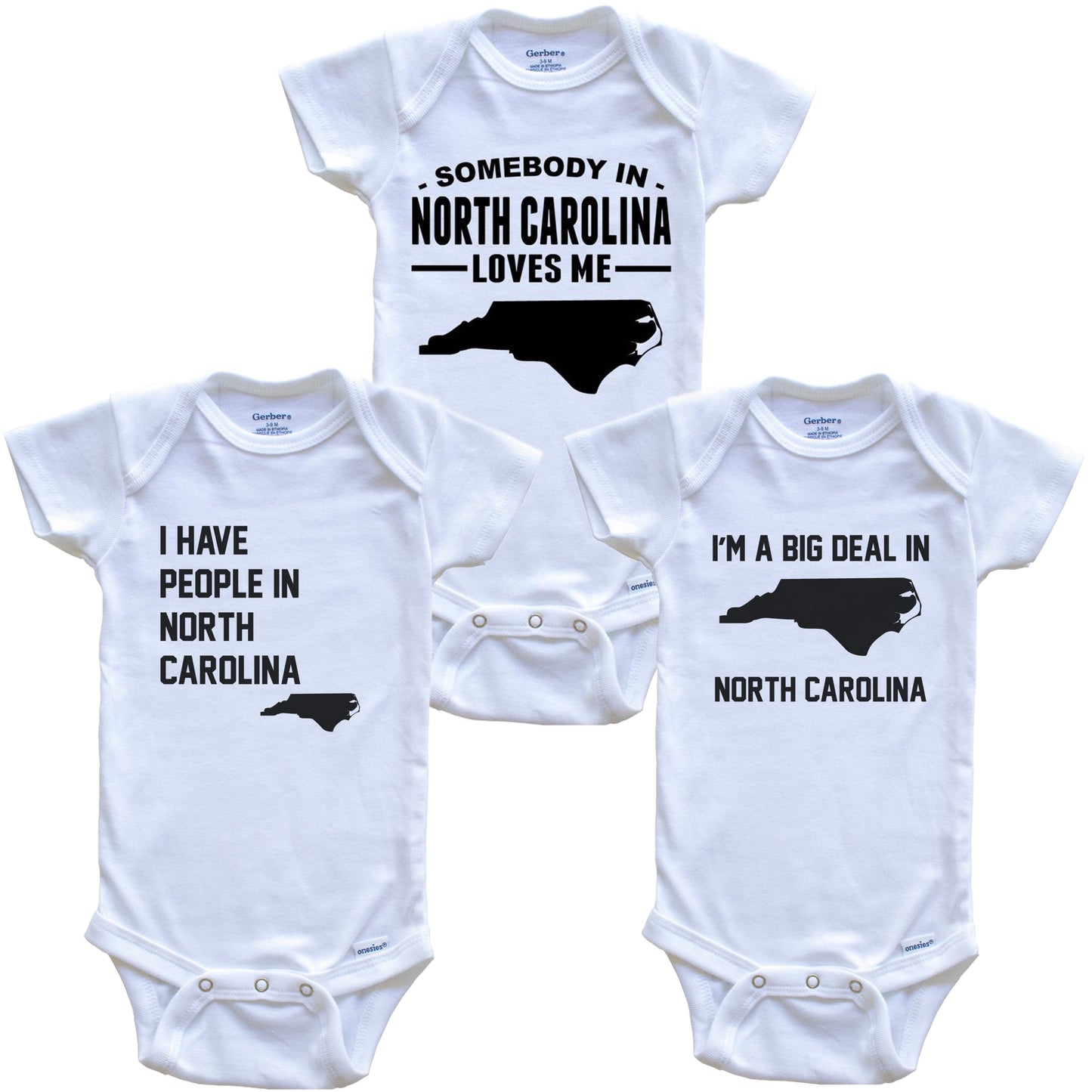 Somebody in North Carolina Loves Me Baby Bodysuit Bundle (3 Piece Gift Set)