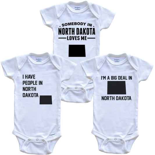 Somebody in North Dakota Loves Me Baby Bodysuit Bundle (3 Piece Gift Set)