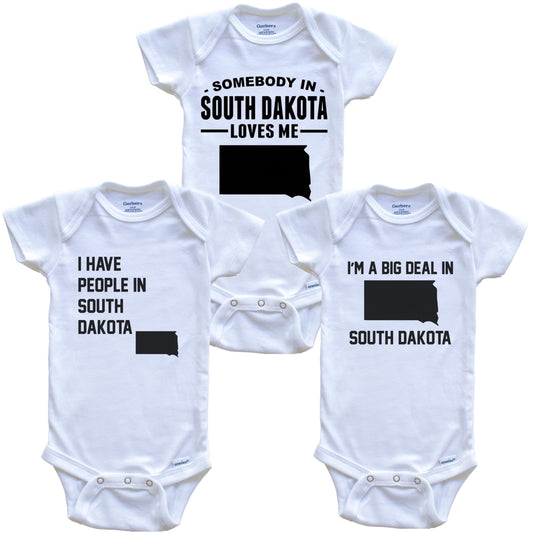 Somebody in South Dakota Loves Me Baby Bodysuit Bundle (3 Piece Gift Set)