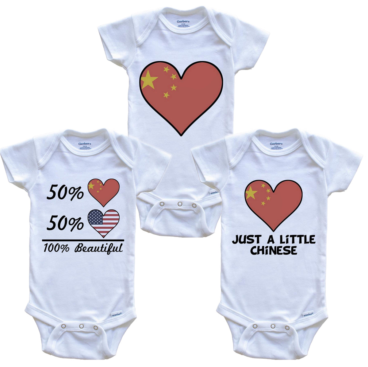 Chinese American Heart Flag Baby Bodysuit Bundle (3 Piece Set)