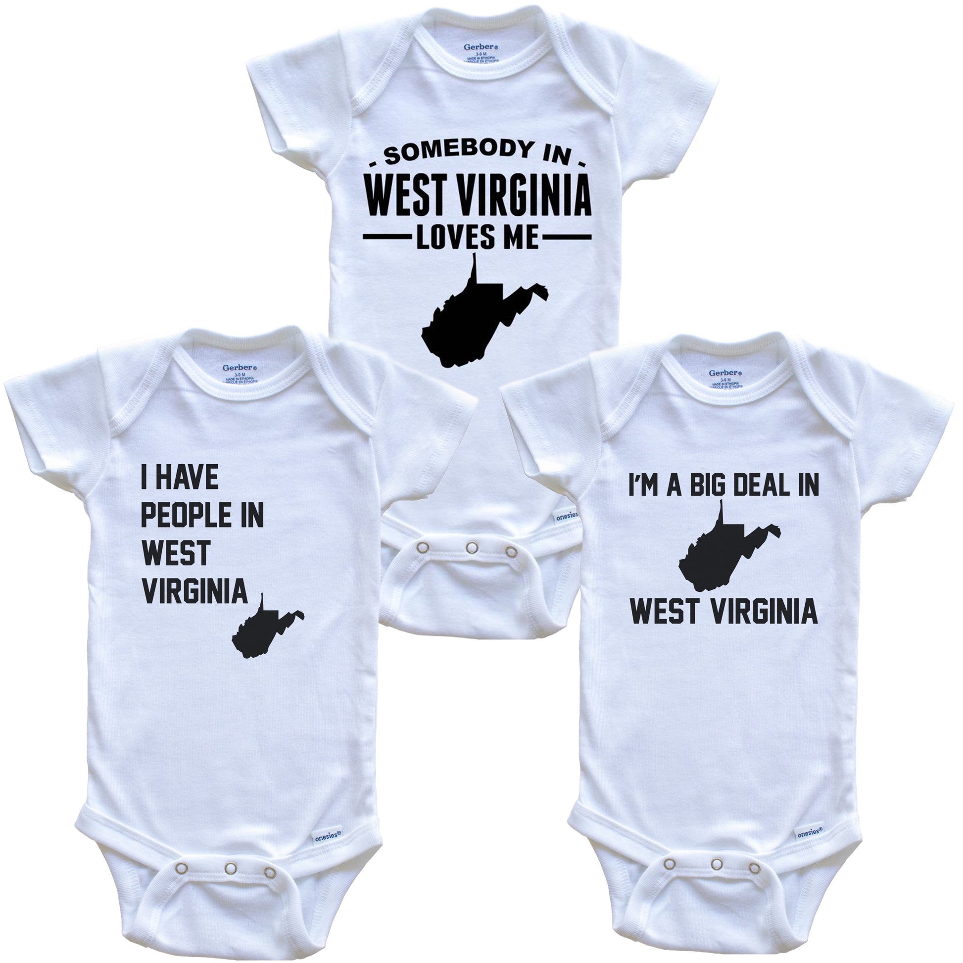 Somebody in West Virginia Loves Me Baby Bodysuit Bundle (3 Piece Gift Set)