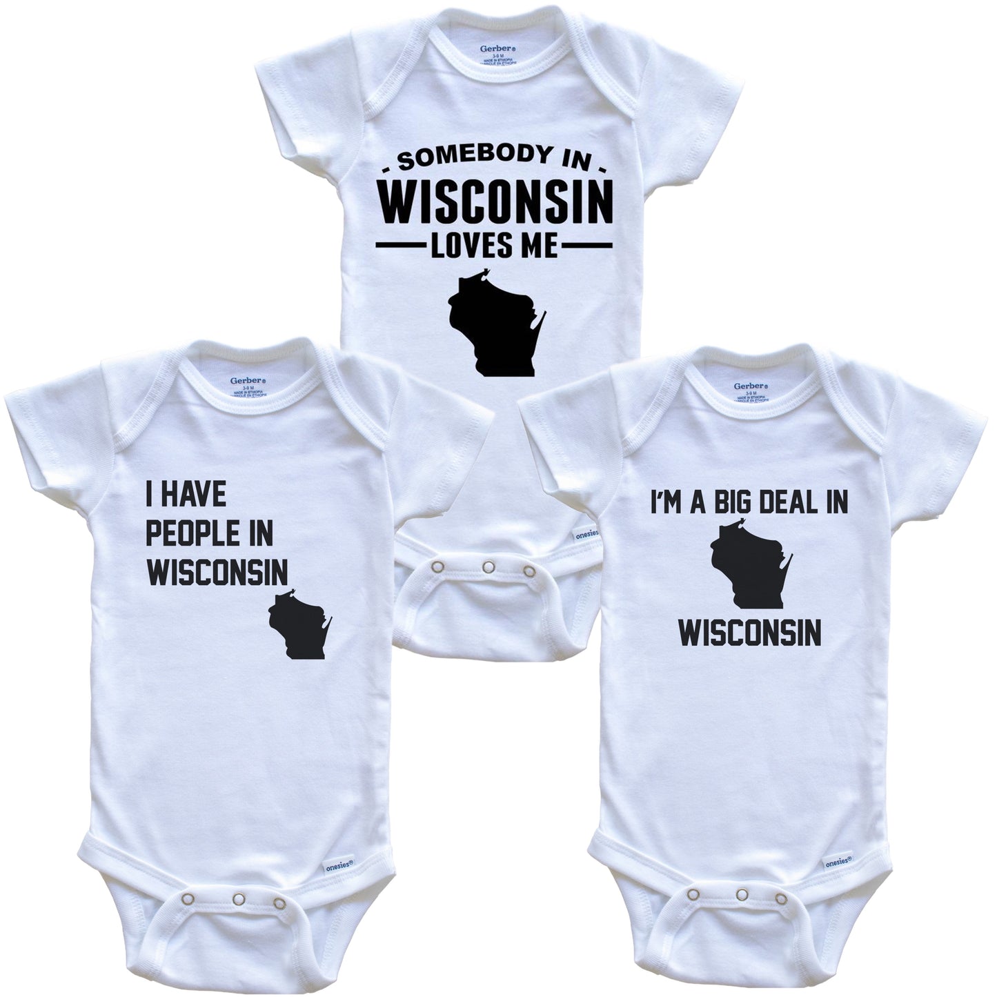 Somebody in Wisconsin Loves Me Baby Bodysuit Bundle (3 Piece Gift Set)