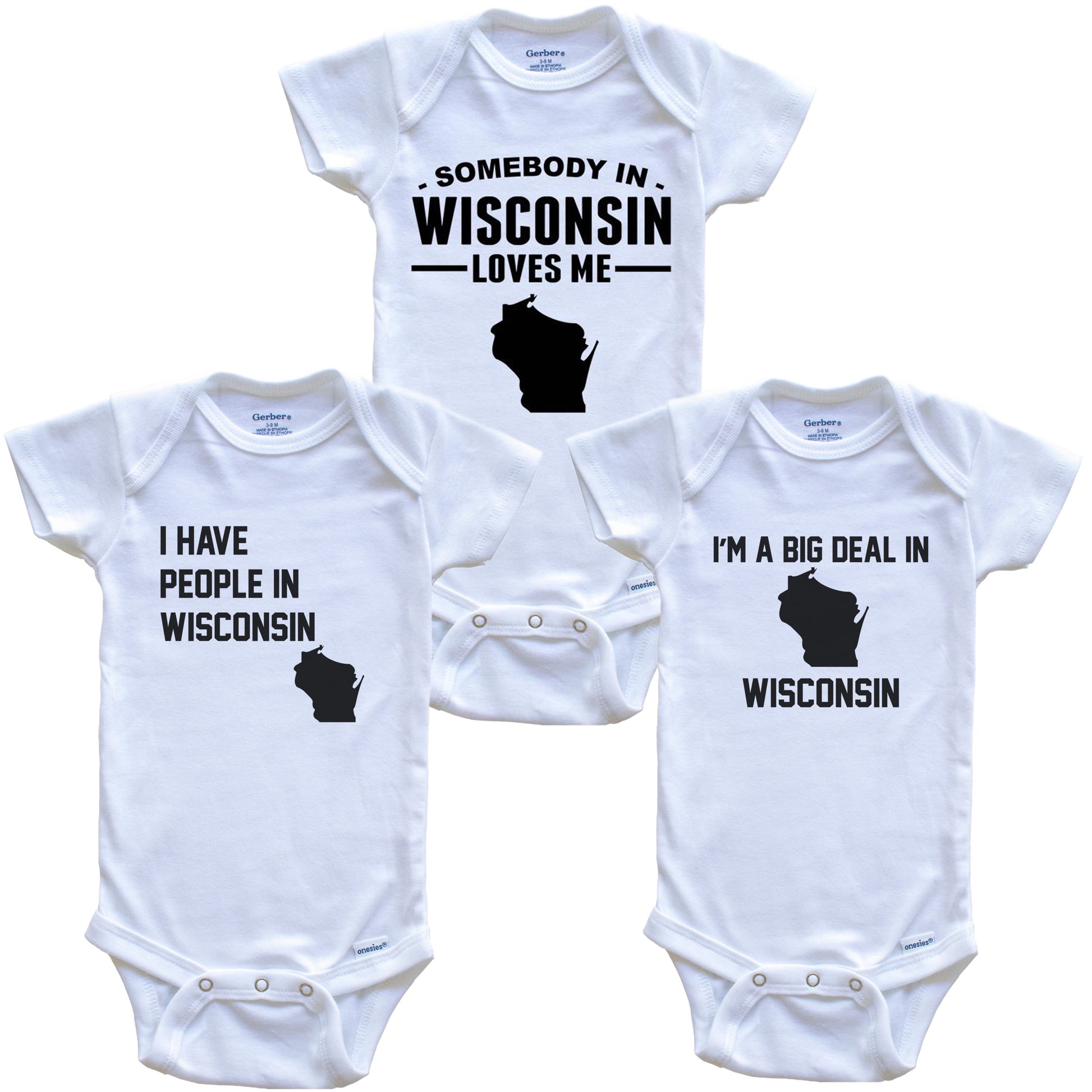Somebody in Wisconsin Loves Me Baby Bodysuit Bundle (3 Piece Gift Set)