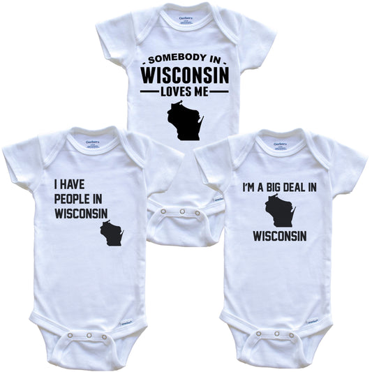 Somebody in Wisconsin Loves Me Baby Bodysuit Bundle (3 Piece Gift Set)