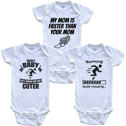 My Mom is Faster Than Your Mom Funny Running Baby Bodysuit Bundle (3 Piece Gift Set)
