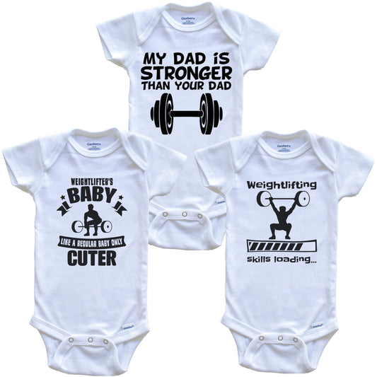 My Dad is Stronger Than Your Dad Funny Weightlifting Baby Bodysuit Bundle (3 Piece Gift Set)