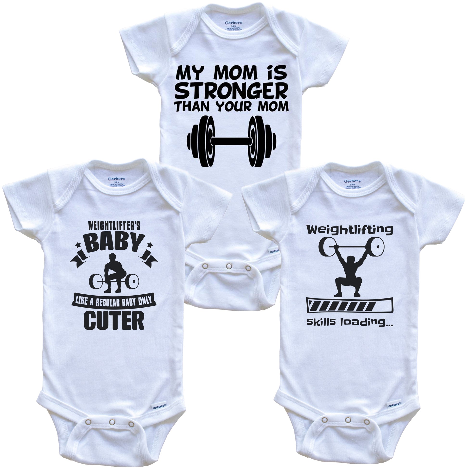 My Mom is Stronger Than Your Mom Funny Weightlifting Baby Bodysuit Bundle (3 Piece Gift Set)