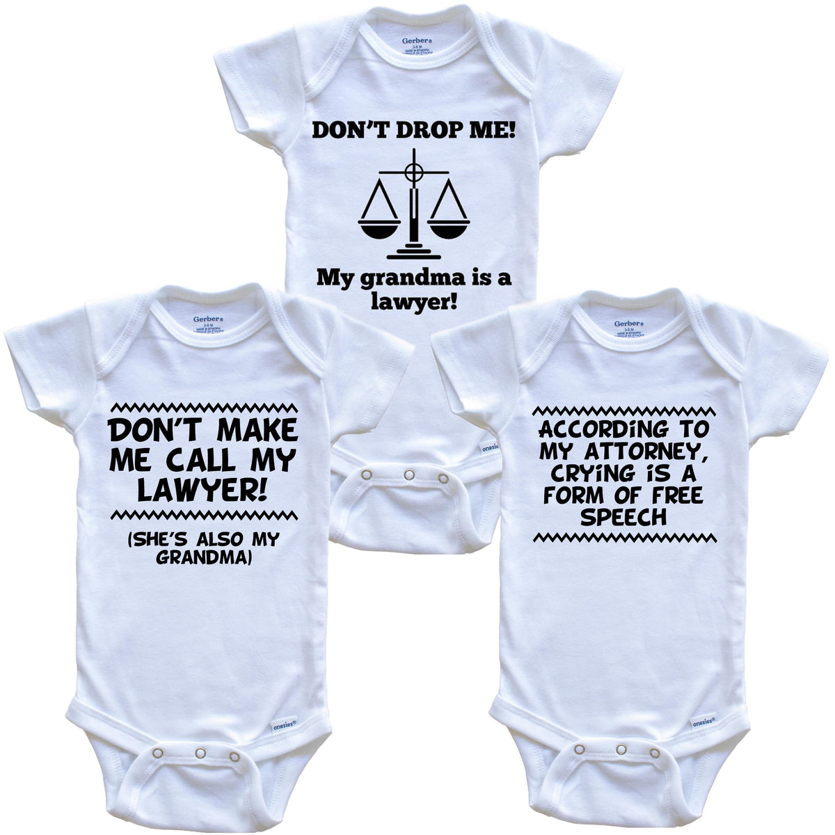 Grandma Is A Lawyer Funny Baby Bodysuit Bundle (3 Piece Gift Set)