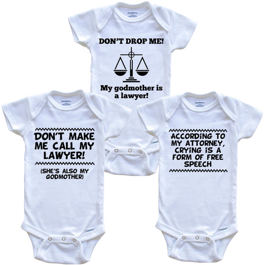 Godmother Is A Lawyer Funny Baby Bodysuit Bundle (3 Piece Gift Set)