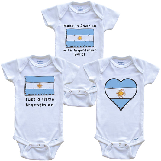 Made in America with Argentinian Parts Funny Argentina Flag Baby Bodysuit Bundle (3 Piece Gift Set)