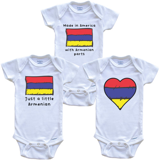 Made in America with Armenian Parts Funny Armenia Flag Baby Bodysuit Bundle (3 Piece Gift Set)