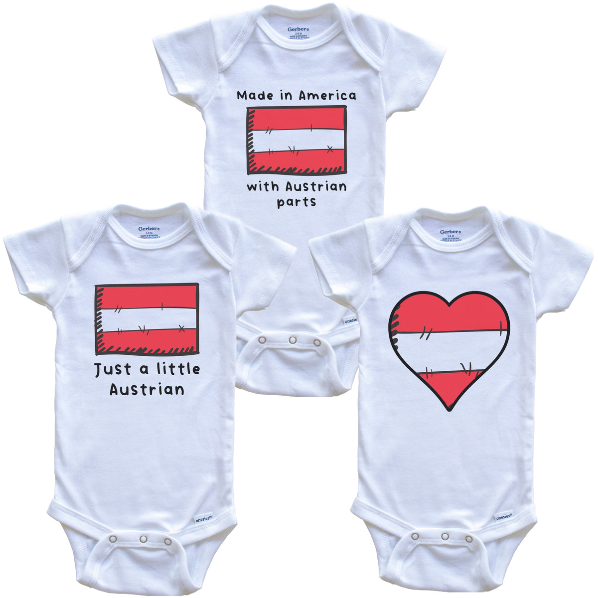 Made in America with Austrian Parts Funny Austria Flag Baby Bodysuit Bundle (3 Piece Gift Set)