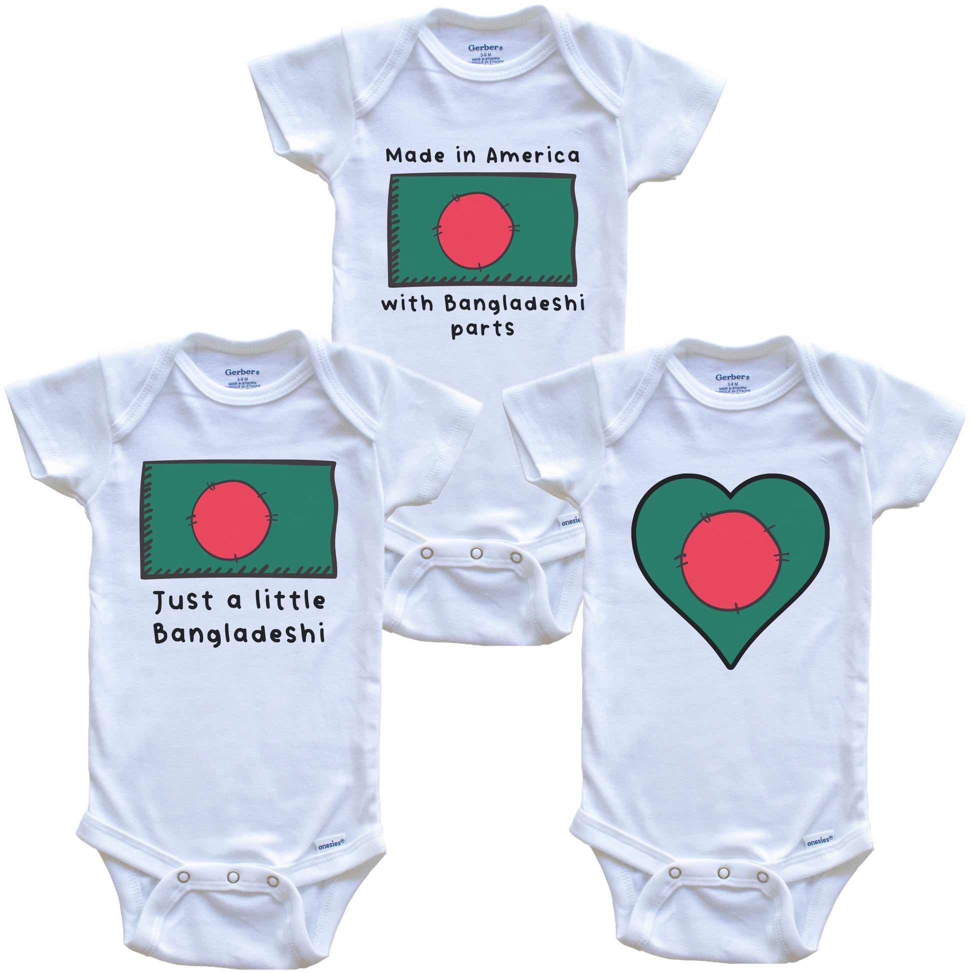 Made in America with Bangladeshi Parts Funny Bangladesh Flag Baby Bodysuit Bundle (3 Piece Gift Set)