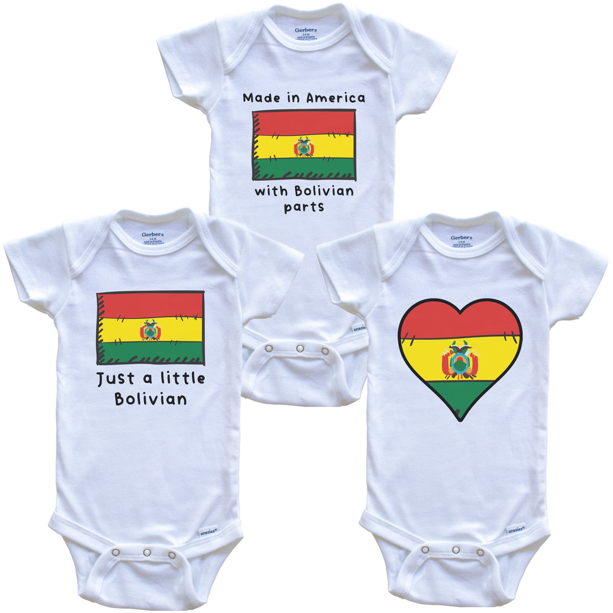 Made in America with Bolivian Parts Funny Bolivia Flag Baby Bodysuit Bundle (3 Piece Gift Set)
