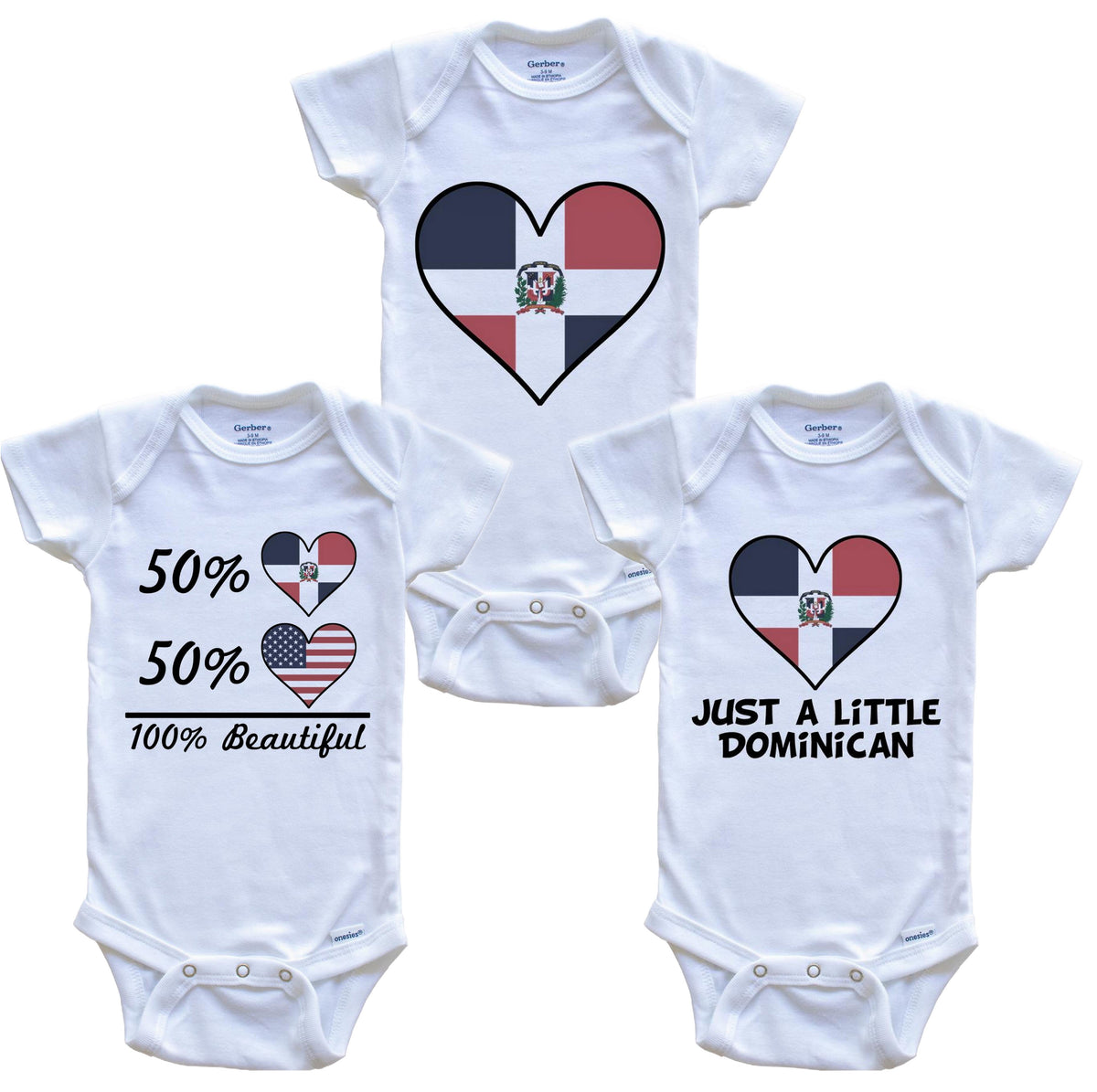 Dominican American Heart Flag Baby Bodysuit Bundle (3 Piece Set)