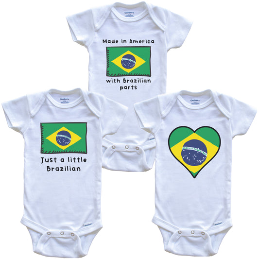 Made in America with Brazilian Parts Funny Brazil Flag Baby Bodysuit Bundle (3 Piece Gift Set)