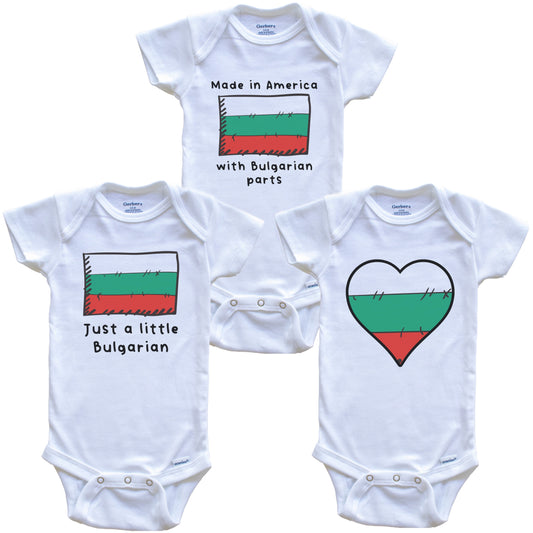 Made in America with Bulgarian Parts Funny Bulgaria Flag Baby Bodysuit Bundle (3 Piece Gift Set)