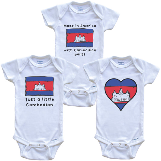 Made in America with Cambodian Parts Funny Cambodia Flag Baby Bodysuit Bundle (3 Piece Gift Set)