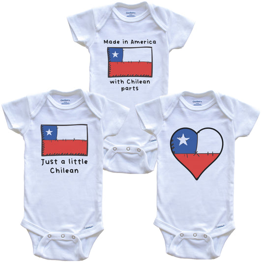 Made in America with Chilean Parts Funny Chile Flag Baby Bodysuit Bundle (3 Piece Gift Set)
