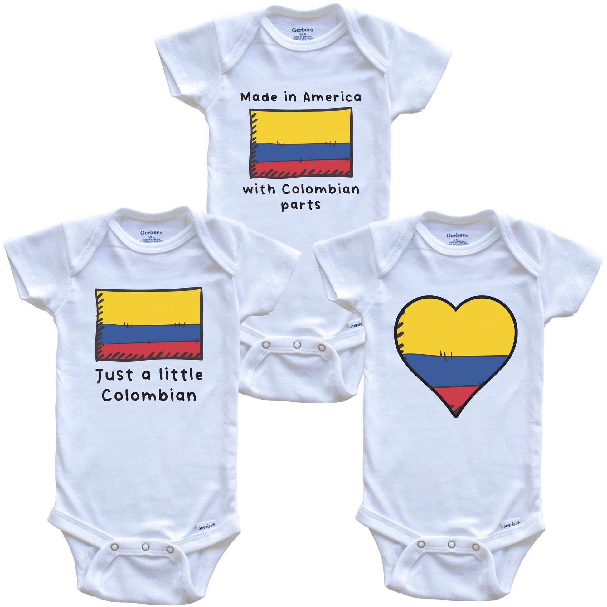 Made in America with Colombian Parts Funny Colombia Flag Baby Bodysuit Bundle (3 Piece Gift Set)