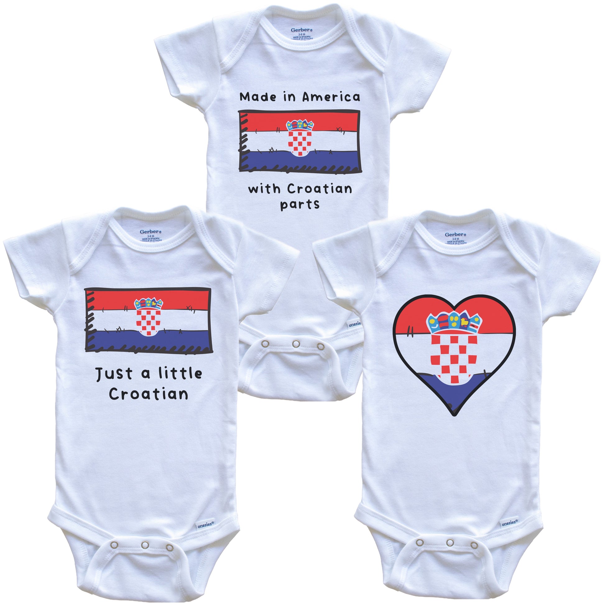 Made in America with Croatian Parts Funny Croatia Flag Baby Bodysuit Bundle (3 Piece Gift Set)
