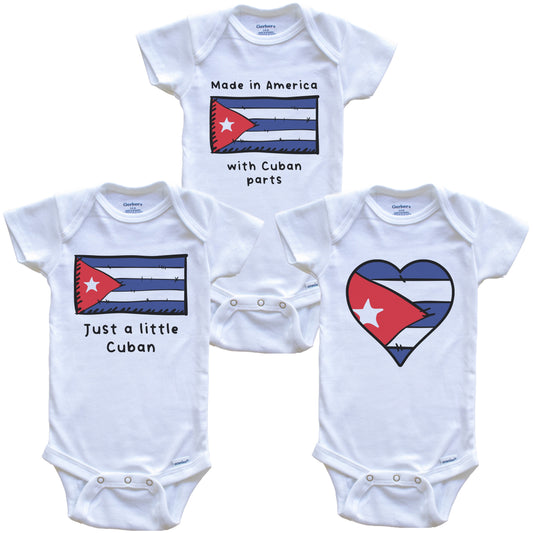 Made in America with Cuban Parts Funny Cuba Flag Baby Bodysuit Bundle (3 Piece Gift Set)
