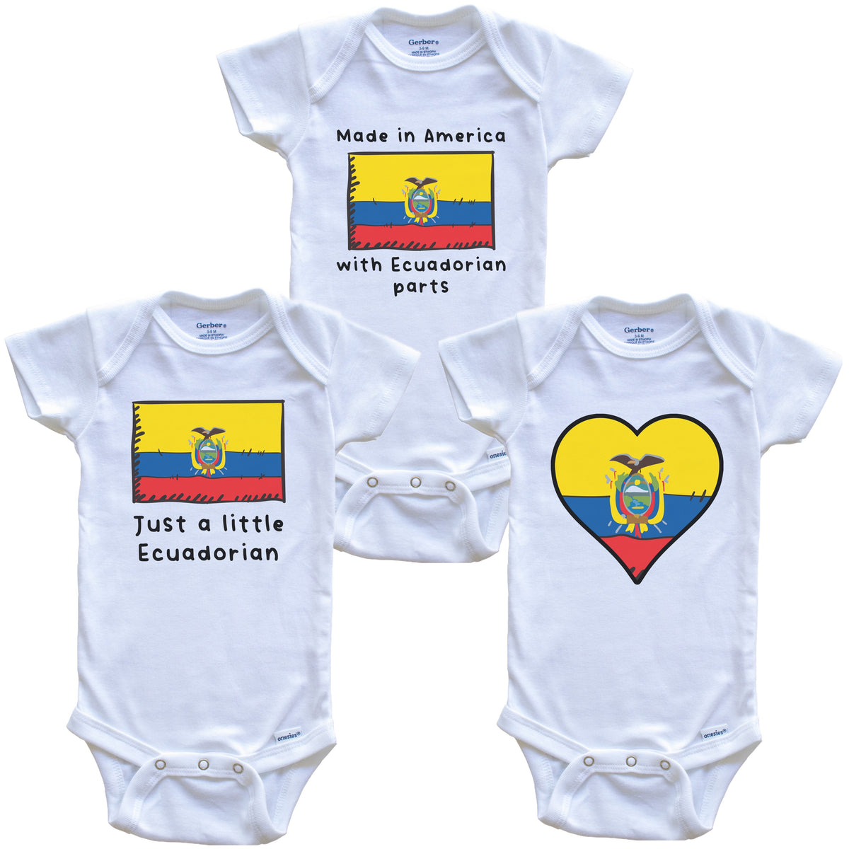 Made in America with Ecuadorian Parts Funny Ecuador Flag Baby Bodysuit Bundle (3 Piece Gift Set)