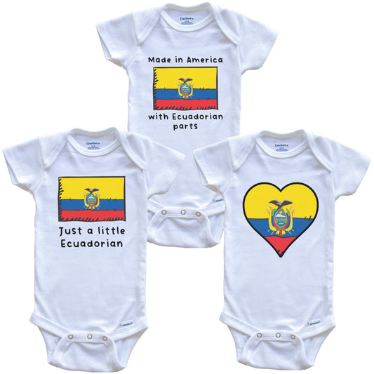 Made in America with Ecuadorian Parts Funny Ecuador Flag Baby Bodysuit Bundle (3 Piece Gift Set)