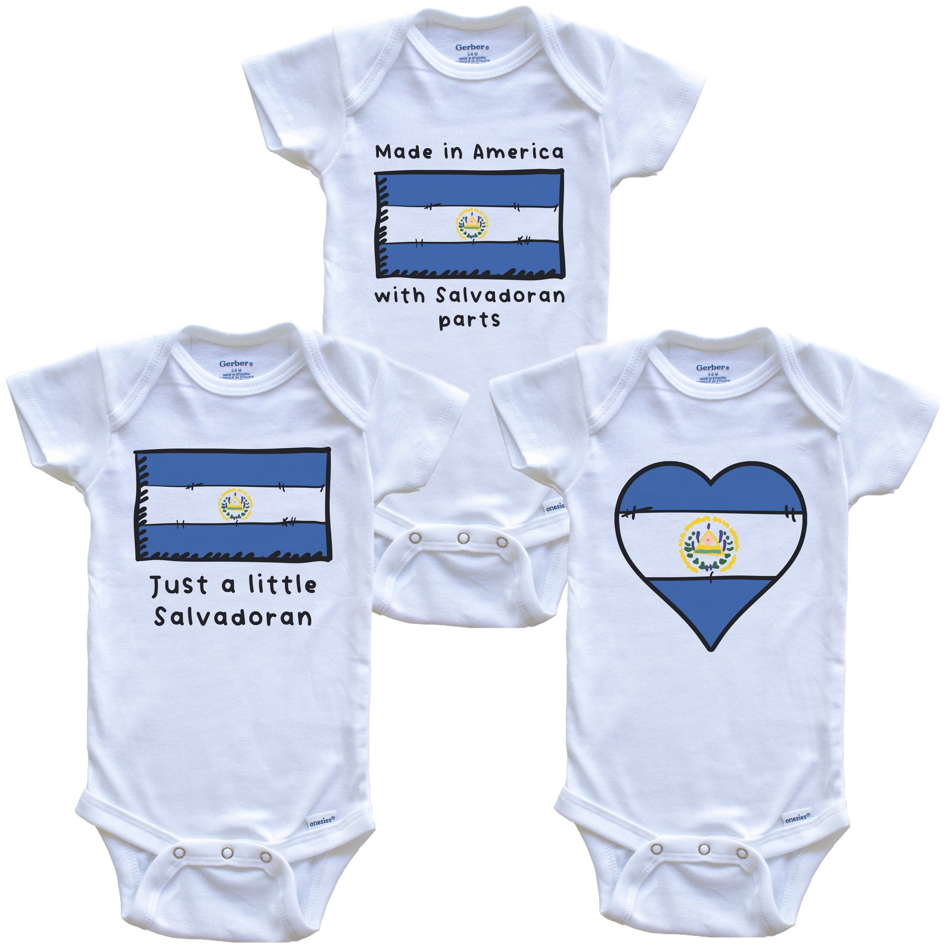 Made in America with Salvadoran Parts Funny El Salvador Flag Baby Bodysuit Bundle (3 Piece Gift Set)