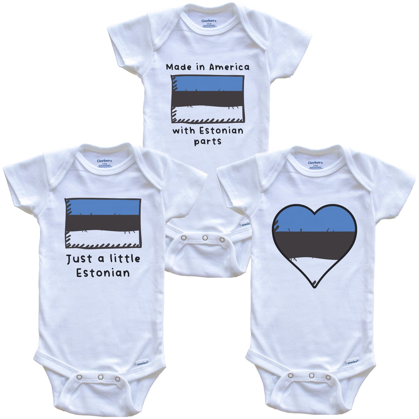 Made in America with Estonian Parts Funny Estonia Flag Baby Bodysuit Bundle (3 Piece Gift Set)