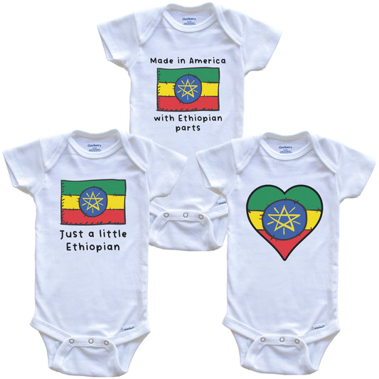 Made in America with Ethiopian Parts Funny Ethiopia Flag Baby Bodysuit Bundle (3 Piece Gift Set)