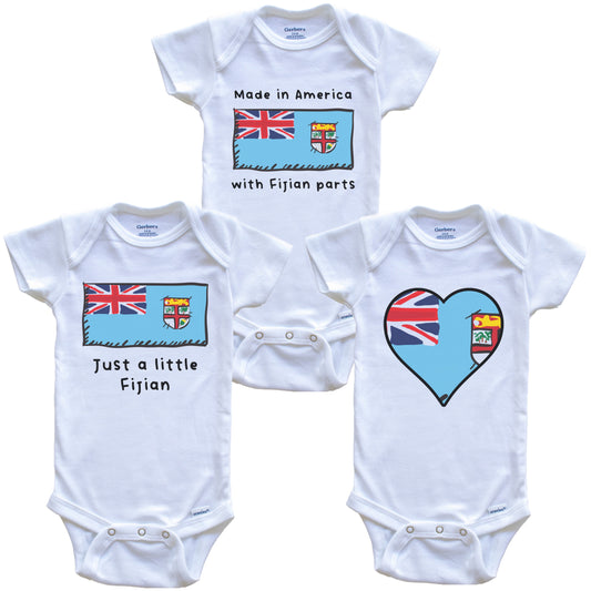 Made in America with Fijian Parts Funny Fiji Flag Baby Bodysuit Bundle (3 Piece Gift Set)