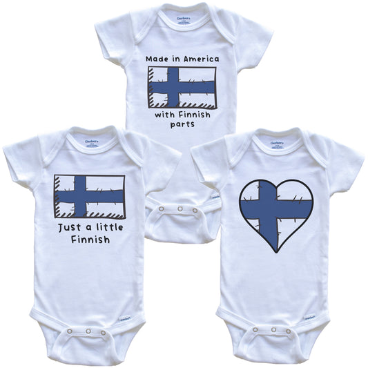 Made in America with Finnish Parts Funny Finland Flag Baby Bodysuit Bundle (3 Piece Gift Set)