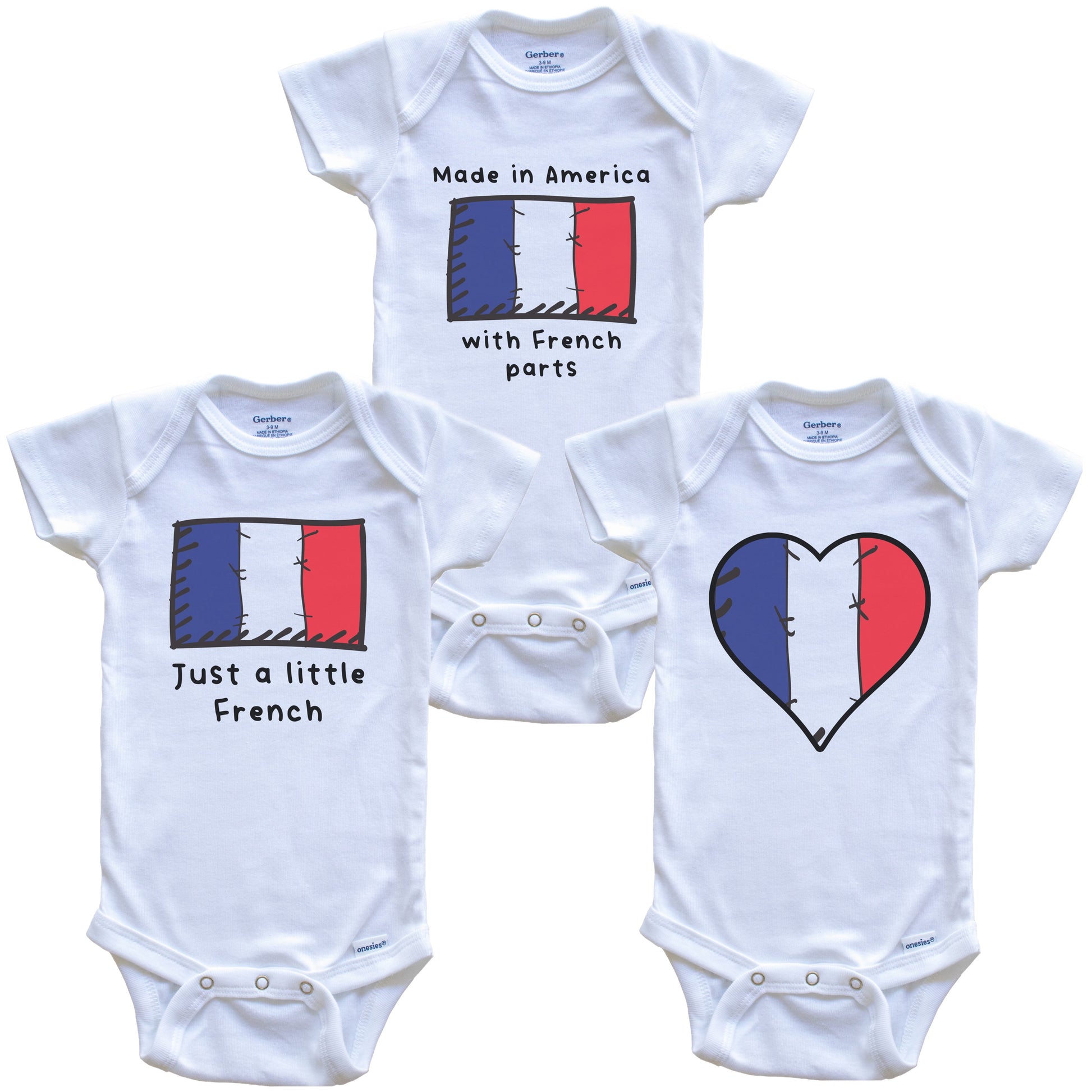 Made in America with French Parts Funny France Flag Baby Bodysuit Bundle (3 Piece Gift Set)