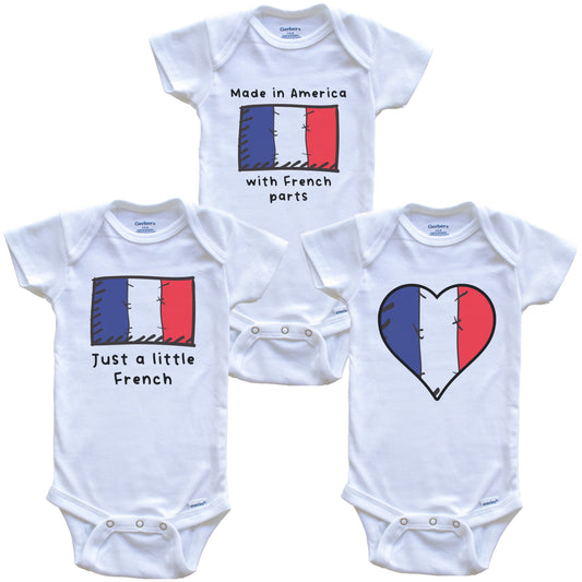 Made in America with French Parts Funny France Flag Baby Bodysuit Bundle (3 Piece Gift Set)