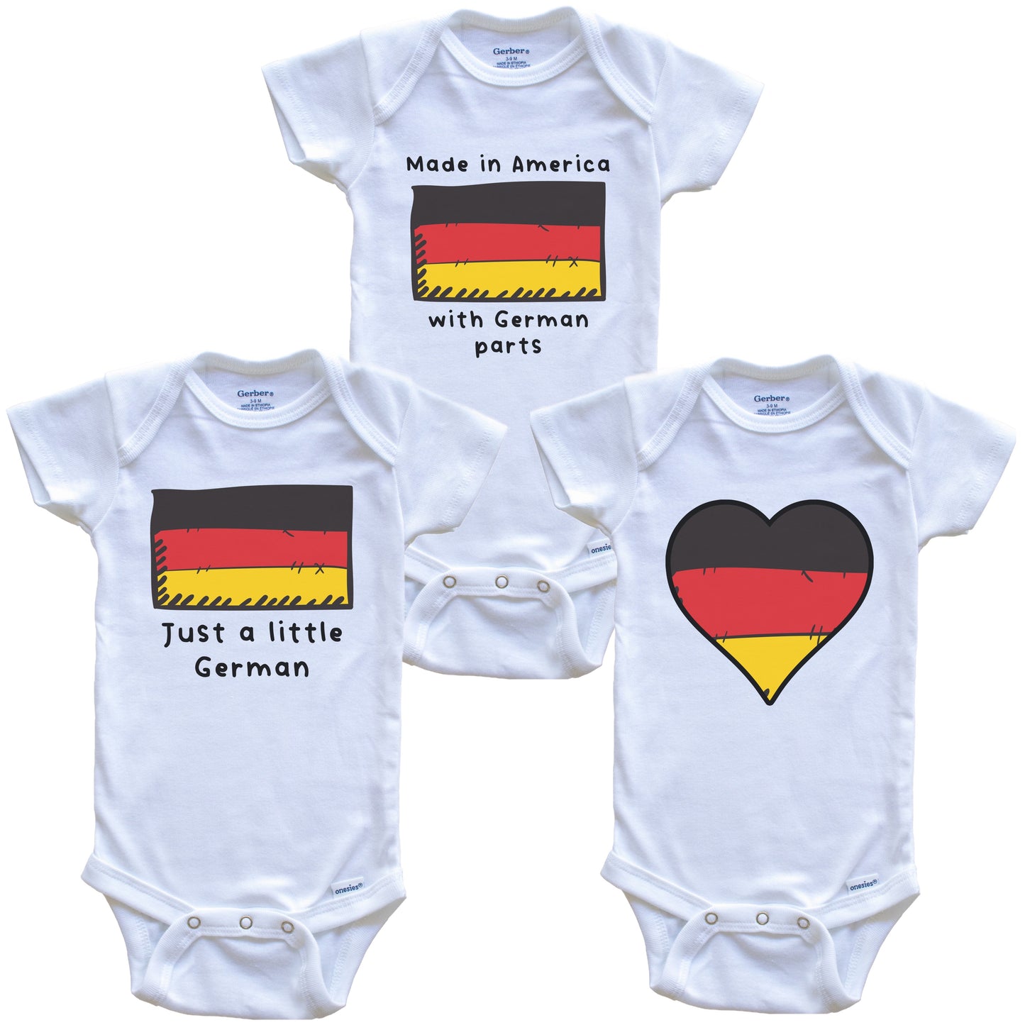 Made in America with German Parts Funny Germany Flag Baby Bodysuit Bundle (3 Piece Gift Set)