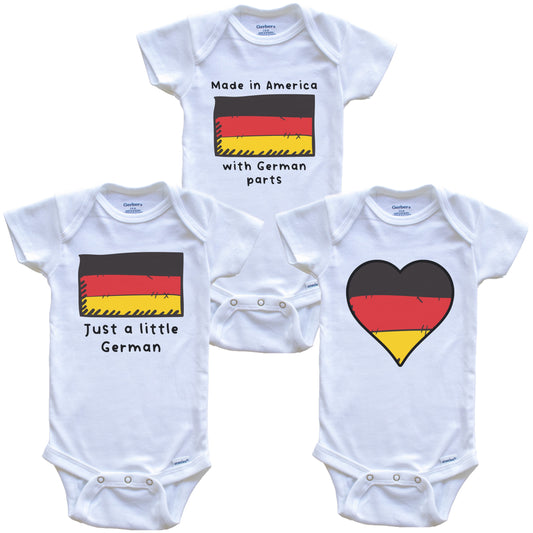 Made in America with German Parts Funny Germany Flag Baby Bodysuit Bundle (3 Piece Gift Set)
