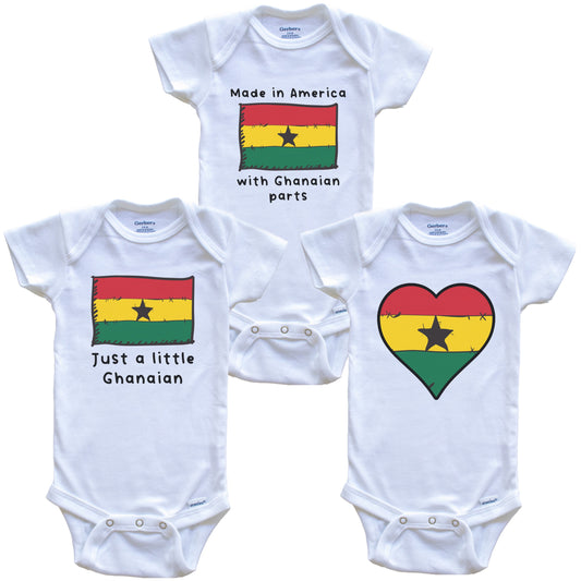 Made in America with Ghanaian Parts Funny Ghana Flag Baby Bodysuit Bundle (3 Piece Gift Set)