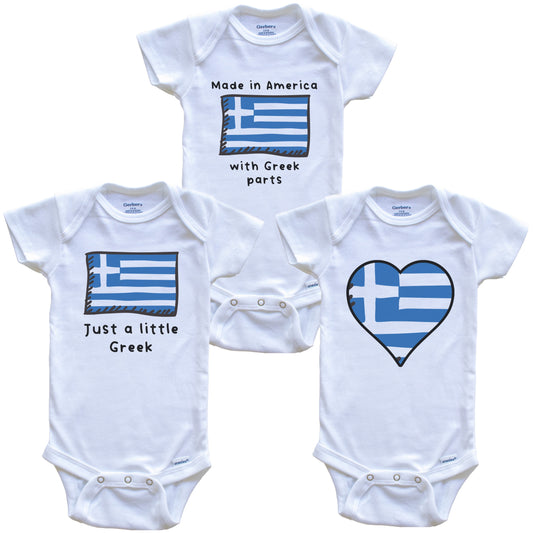 Made in America with Greek Parts Funny Greece Flag Baby Bodysuit Bundle (3 Piece Gift Set)