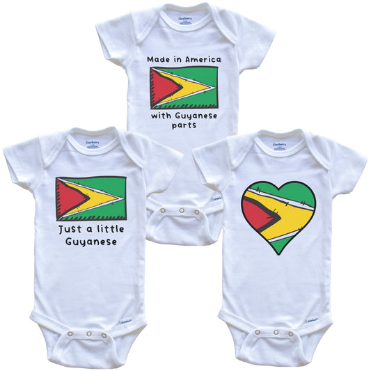 Made in America with Guyanese Parts Funny Guyana Flag Baby Bodysuit Bundle (3 Piece Gift Set)