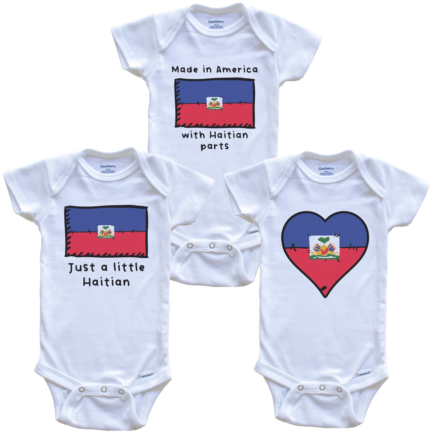 Made in America with Haitian Parts Funny Haiti Flag Baby Bodysuit Bundle (3 Piece Gift Set)