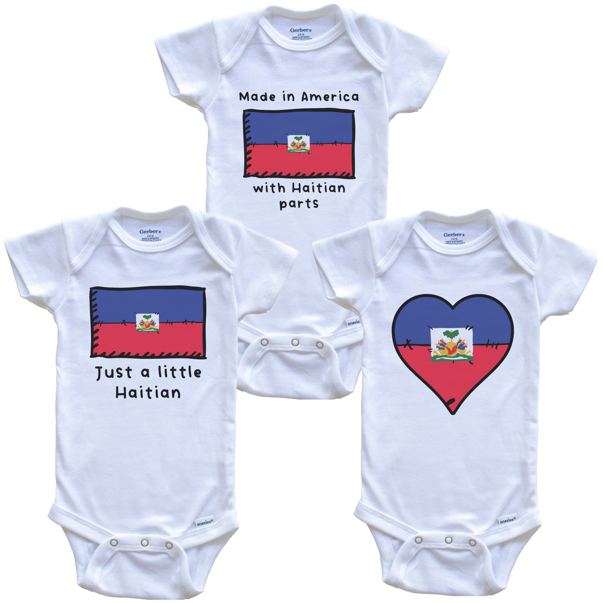 Made in America with Haitian Parts Funny Haiti Flag Baby Bodysuit Bundle (3 Piece Gift Set)