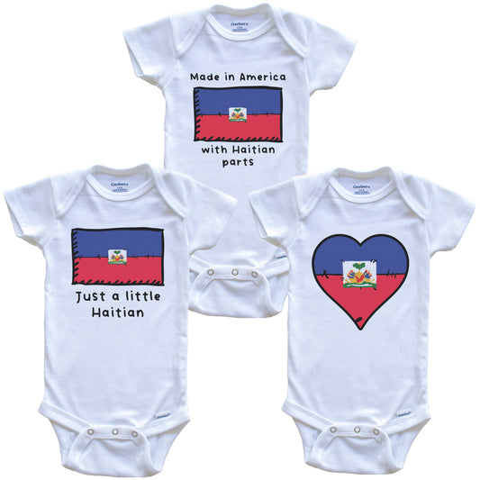 Made in America with Haitian Parts Funny Haiti Flag Baby Bodysuit Bundle (3 Piece Gift Set)