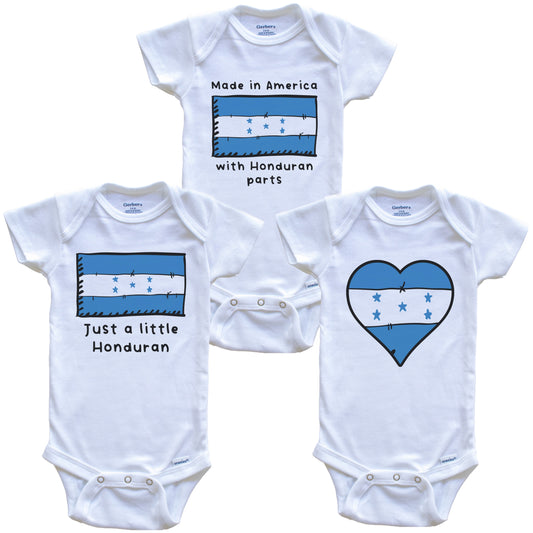 Made in America with Honduran Parts Funny Honduras Flag Baby Bodysuit Bundle (3 Piece Gift Set)