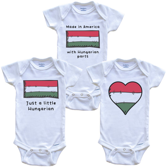 Made in America with Hungarian Parts Funny Hungary Flag Baby Bodysuit Bundle (3 Piece Gift Set)